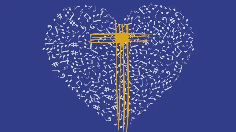 Musiknoten-Herz mit Kreuz in der Mitte