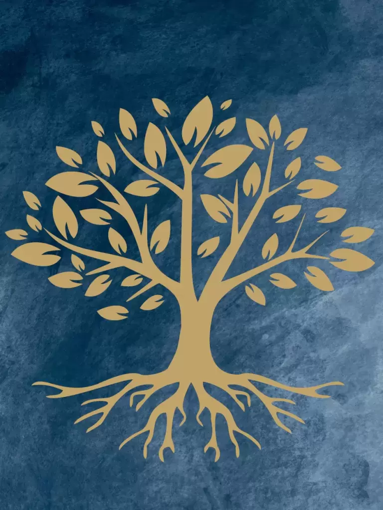 Goldener Baum mit Wurzeln auf blauem Hintergrund